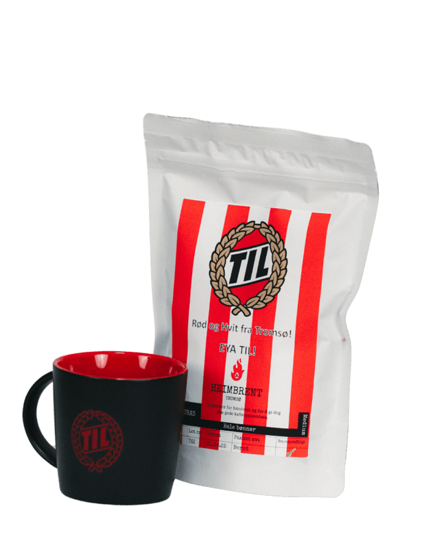 Black TIL mug with red logo